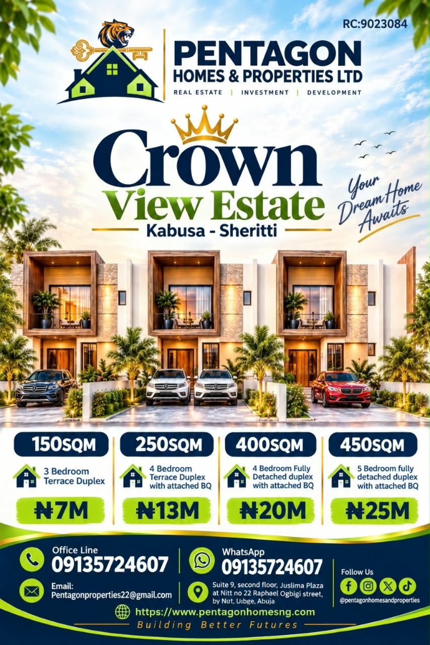 Crown View Estate Kabusa-Sheriti flyer with four duplex options from 150sqm at ₦7M to 450sqm at ₦25M