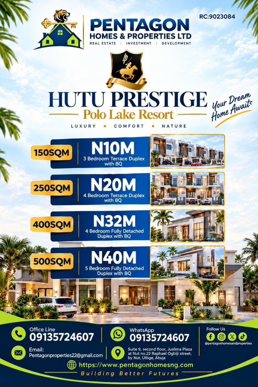 Hutu Prestige Polo Lake Resort flyer with four duplex options from 150sqm at ₦10M to 500sqm at ₦40M