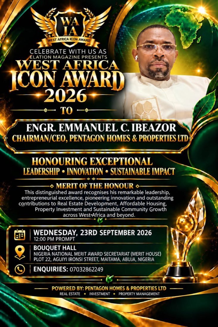The West Africa Icon Award 2026 announcement flyer naming Engr. Emmanuel C. Ibeazor, Chairman and CEO of Pentagon Homes and Properties Ltd, with the ceremony date, time, and venue