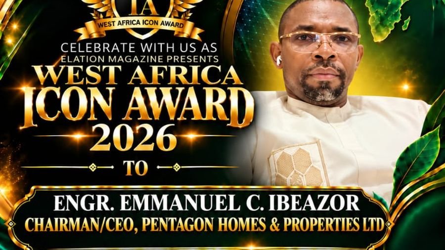 West Africa Icon Award 2026 flyer honouring Engr. Emmanuel C. Ibeazor, Chairman and CEO of Pentagon Homes and Properties Ltd